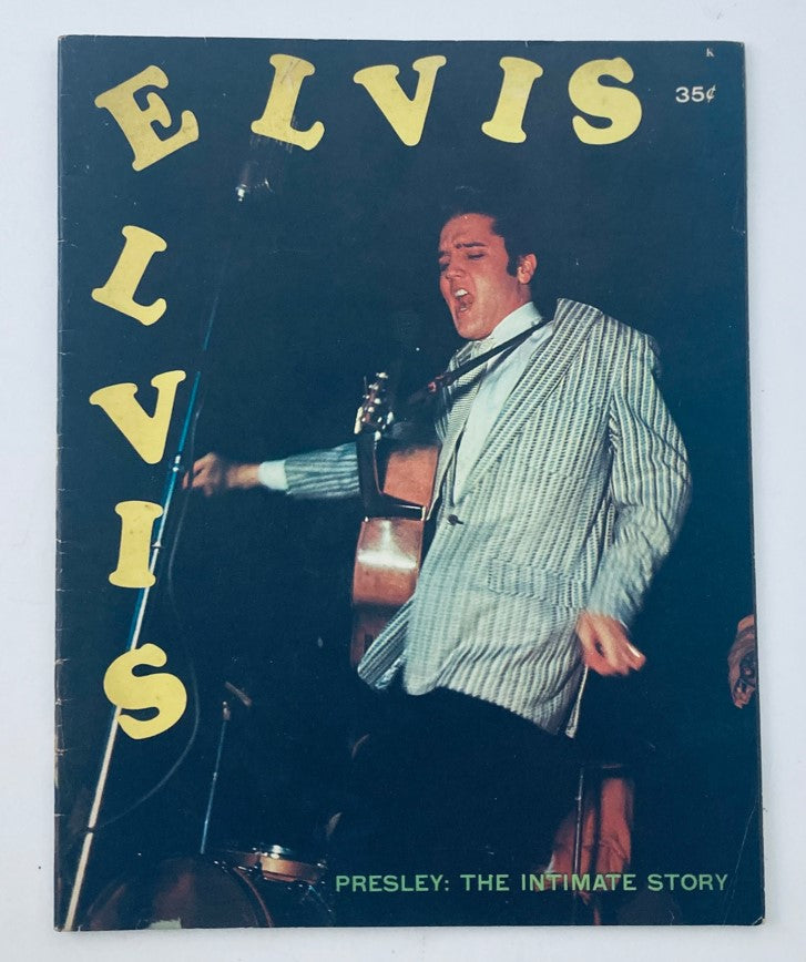 Cover of VTG The Intimate Story Magazine 1957 featuring Elvis Presley, showcasing the artist performing with a guitar, capturing the essence of rock and roll.