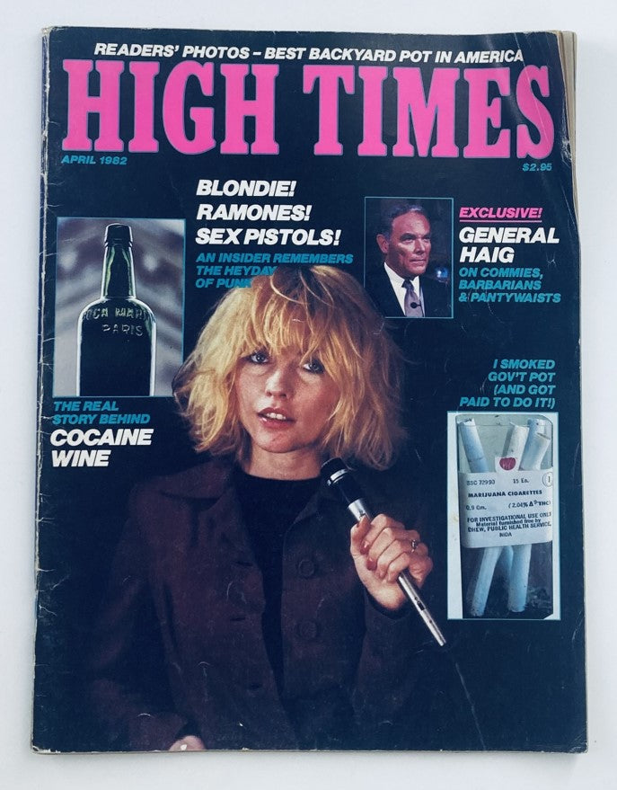 VTG High Times Magazine April 1982 #80 featuring the real story behind Cocaine Wine with a cover image showcasing a model holding a microphone, vibrant colors, and articles about iconic music and cultural topics of the 1980s.