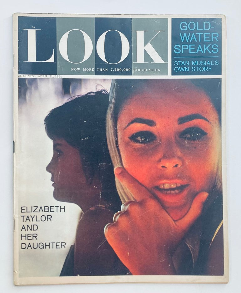 Cover of RVTG Look Magazine April 21 1964 Vol 28 No. 8 featuring Elizabeth Taylor and her daughter. Vintage magazine highlighting iconic Hollywood figures.