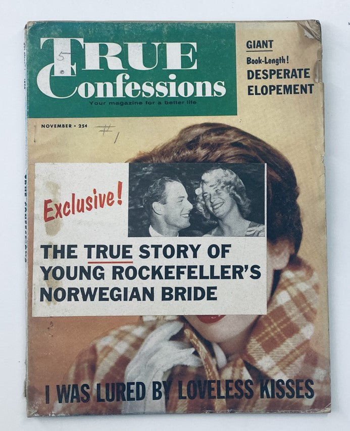 Front cover of VTG True Confessions Magazine November 1959 featuring the story of Rockefeller's Young Bride with bold title and vintage design.