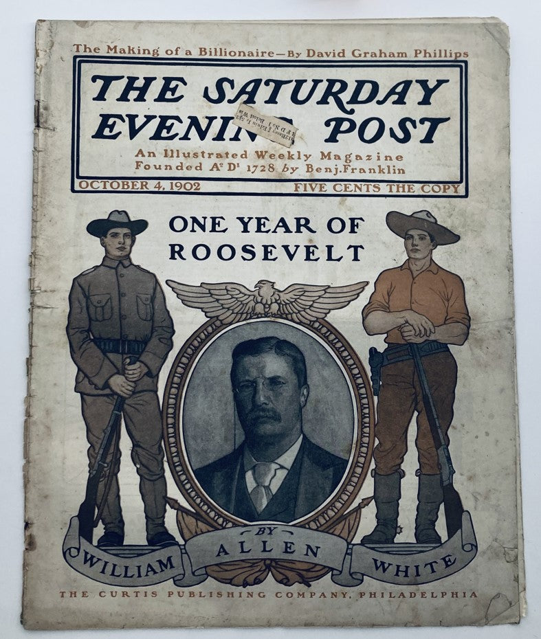 Cover of The Saturday Evening Post from October 4, 1902, featuring the article 'The Making of a Billionaire', with illustrations of two soldiers and a portrait of Roosevelt.