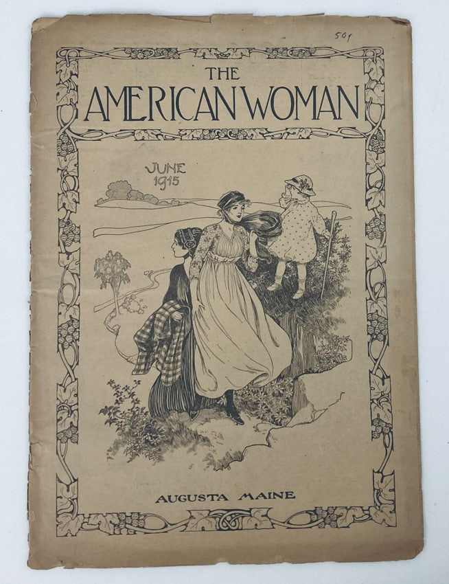 Cover of the VTG The American Woman Magazine, June 1915, depicting an illustrated scene with women in period clothing, celebrating the essence of early 20th-century American women's life.