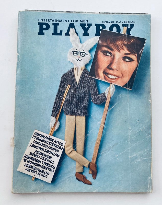Cover of VTG Playboy Magazine September 1966 featuring Dianne Chandler with a creative doll illustration holding signs.