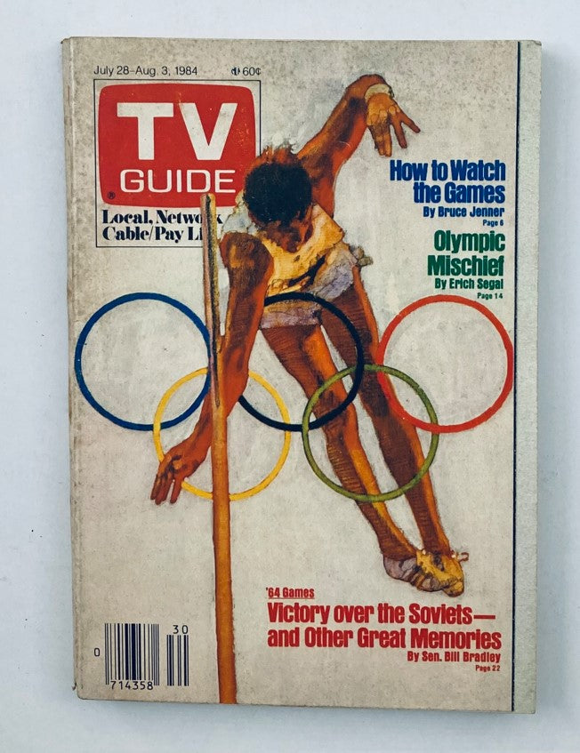 Cover of TV Guide Magazine from July 28, 1984 featuring Olympic themes and the title 'TV Guide Olympic Mischief Dayton Ed. No Label'. The cover includes Olympic rings and articles on how to watch the games.