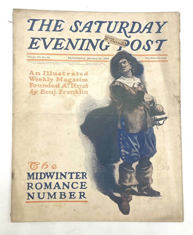 Saturday Evening Post Illustrated Cover January 25 1902 featuring the Midwinter Romance Number, showcasing vibrant winter-themed illustrations and historical design.