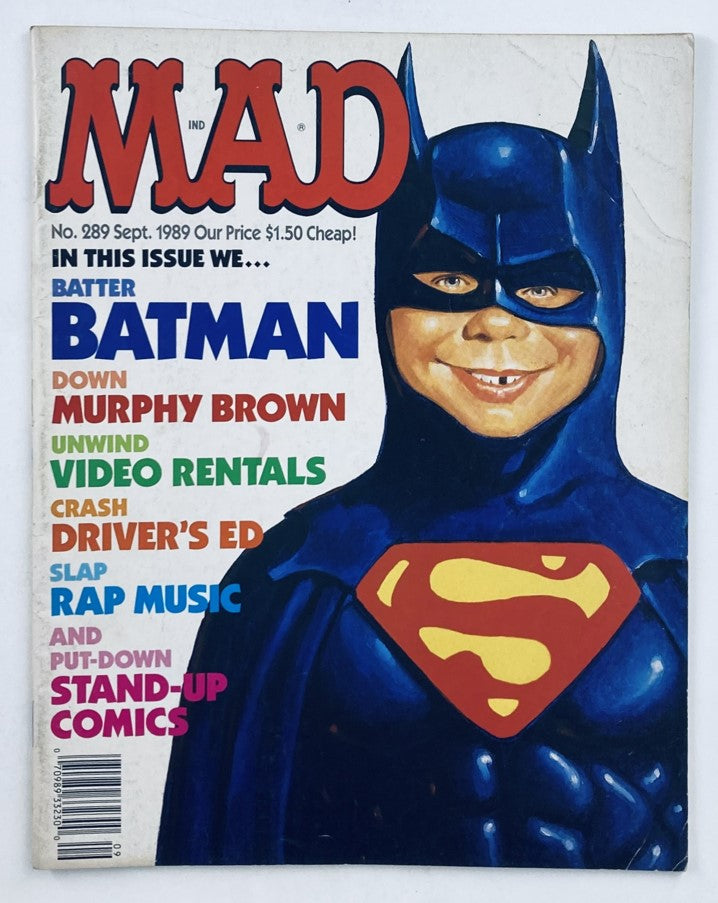 Mad Magazine September 1989 No. 289 cover featuring the iconic title 'We Batter Batman', showcasing a humorous depiction of Batman with playful graphics typical of the vintage magazine style.