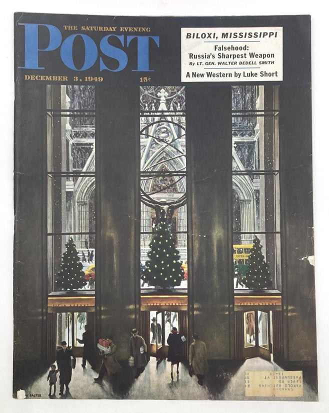 Cover of the Saturday Evening Post Magazine from December 3, 1949, illustrated by John Falter, depicting a festive winter scene with Christmas trees and people shopping.