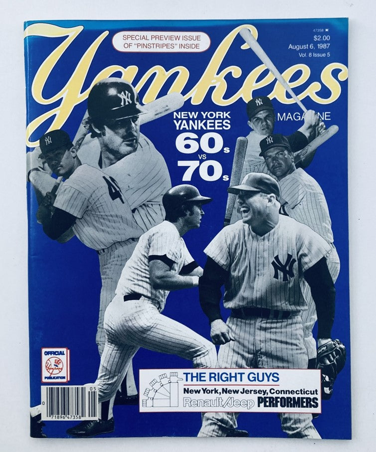 VTG Yankees Magazine August 6 1987 Issue 5 featuring the New York Yankees with a retro design highlighting the 60s vs 70s theme.