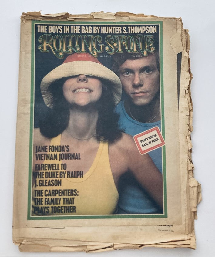 Vintage Rolling Stone Magazine cover dated July 4, 1974, featuring Richard Carpenter and Karen Carpenter, No. 164, showcasing music history and cultural significance.