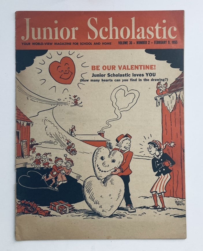 Cover of Junior Scholastic Magazine February 9 1955, featuring a whimsical illustration themed 'Be Our Valentine,' depicting children celebrating Valentine's Day with a heart-shaped snowman and fun winter activities.
