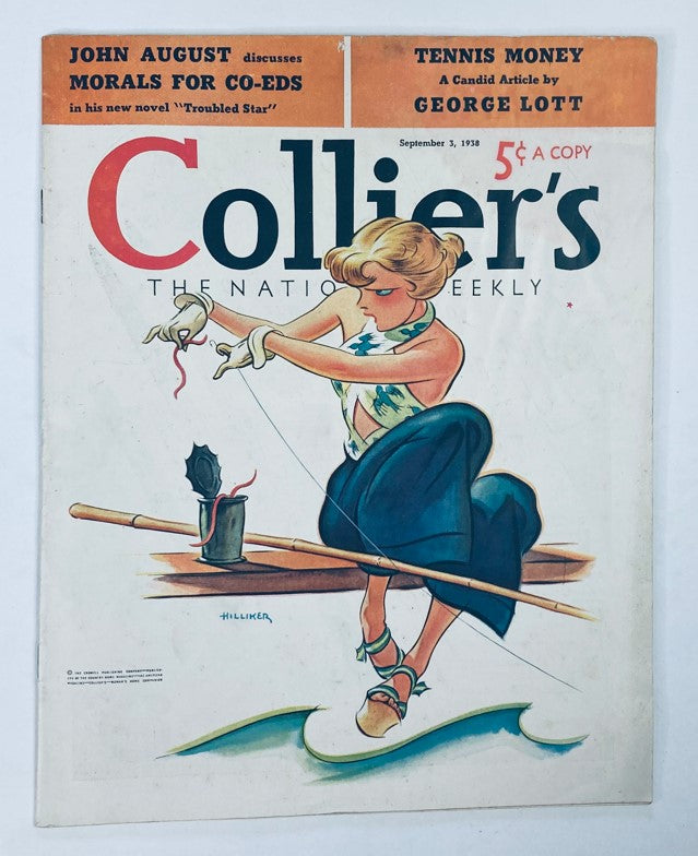 Vintage Collier's Magazine cover dated September 3, 1938 featuring the article 'Morals for Co-Ed' by John August, with an illustration of a woman in a stylish outfit fishing, showcasing the aesthetics of the late 1930s.