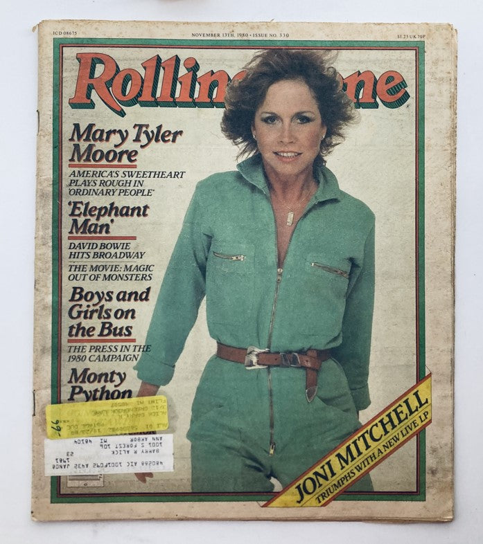 Vintage Rolling Stone Magazine cover dated November 13, 1980, featuring actress Mary Tyler Moore in a turquoise outfit, representing Issue 330.