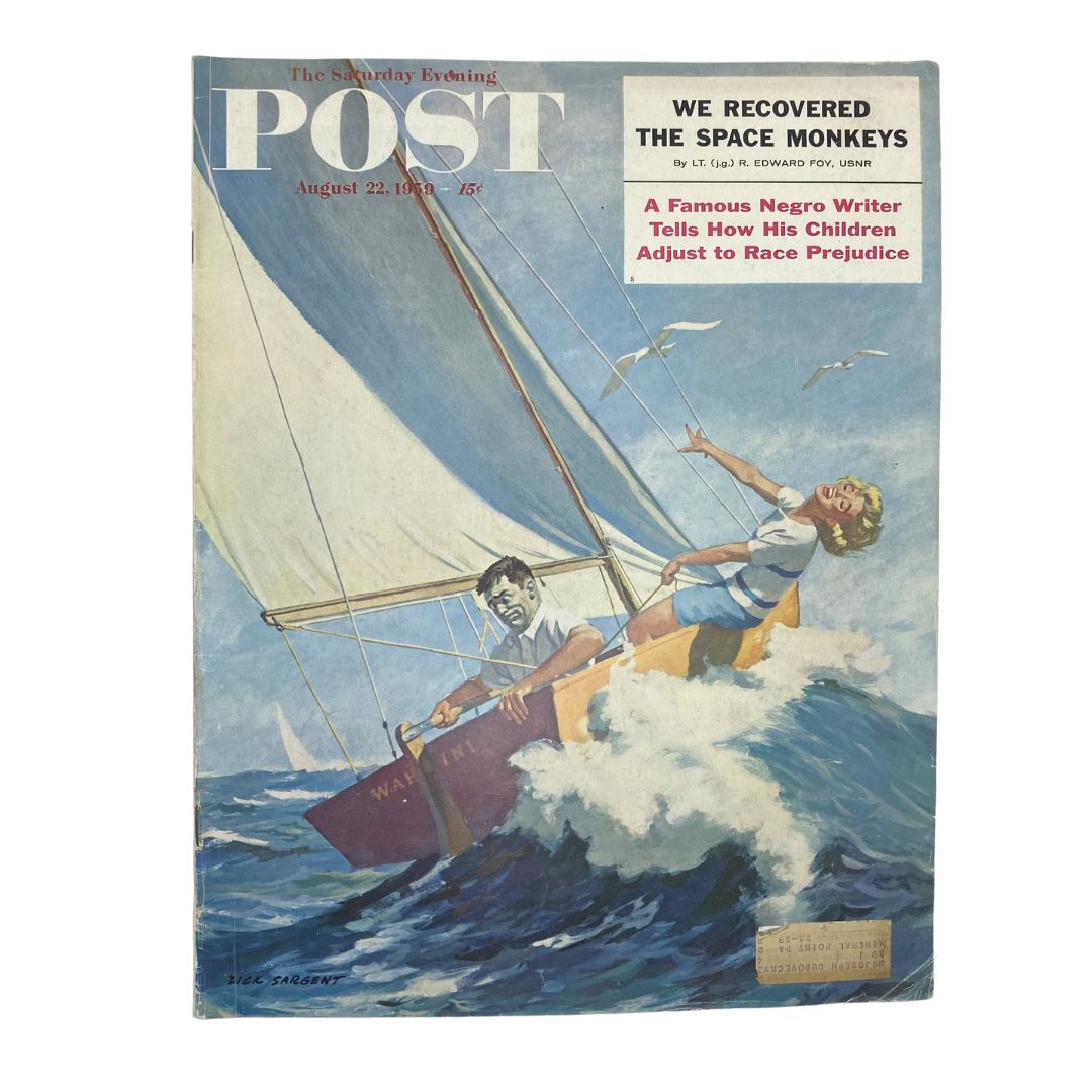 Cover of Saturday Evening Post Magazine dated August 22, 1959, featuring an illustration of a sailor and a model by artist Dick Sargent, showcasing vintage Americana.