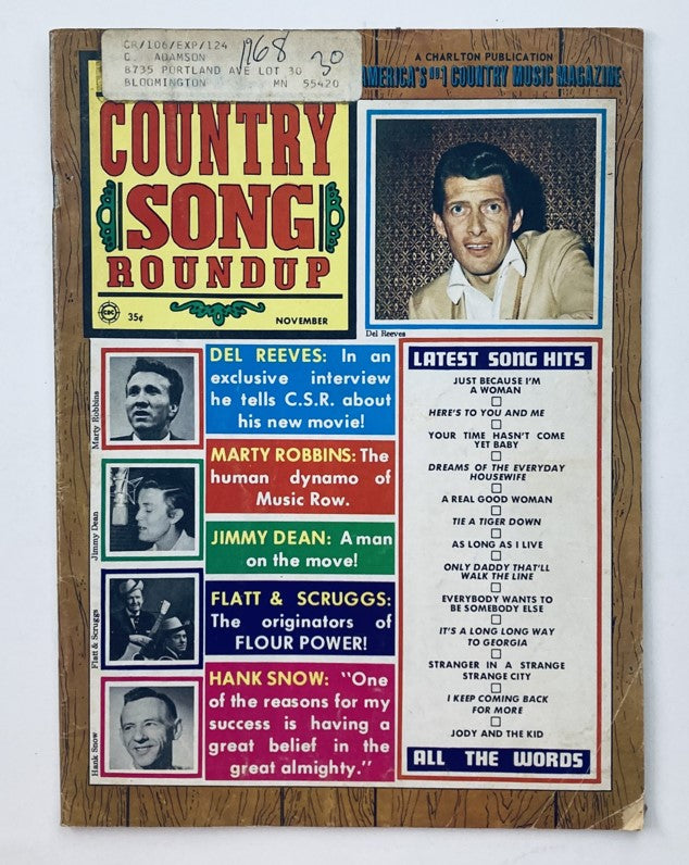 Cover of VTG Country Song Roundup Magazine November 1968 featuring Del Reeves and an overview of country music highlights including Marty Robbins, Jimmy Dean, and Flatt & Scruggs.