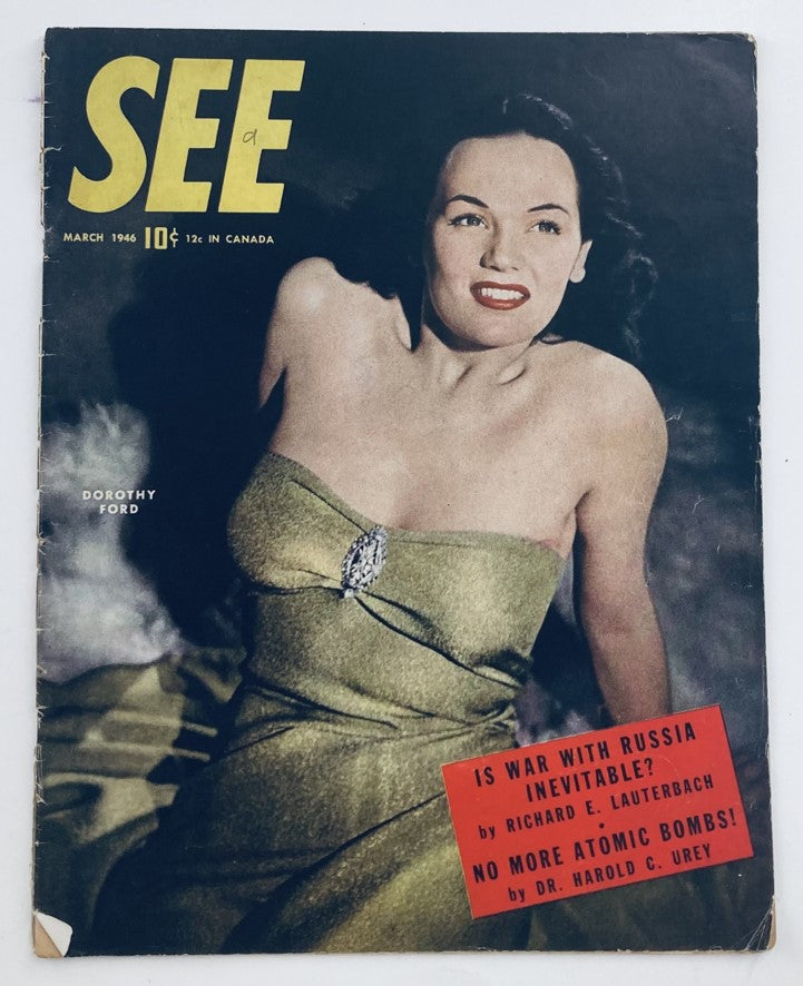 VTG See Magazine March 1946 Cover featuring Dorothy Ford in a glamorous green dress with the magazine title prominently displayed.