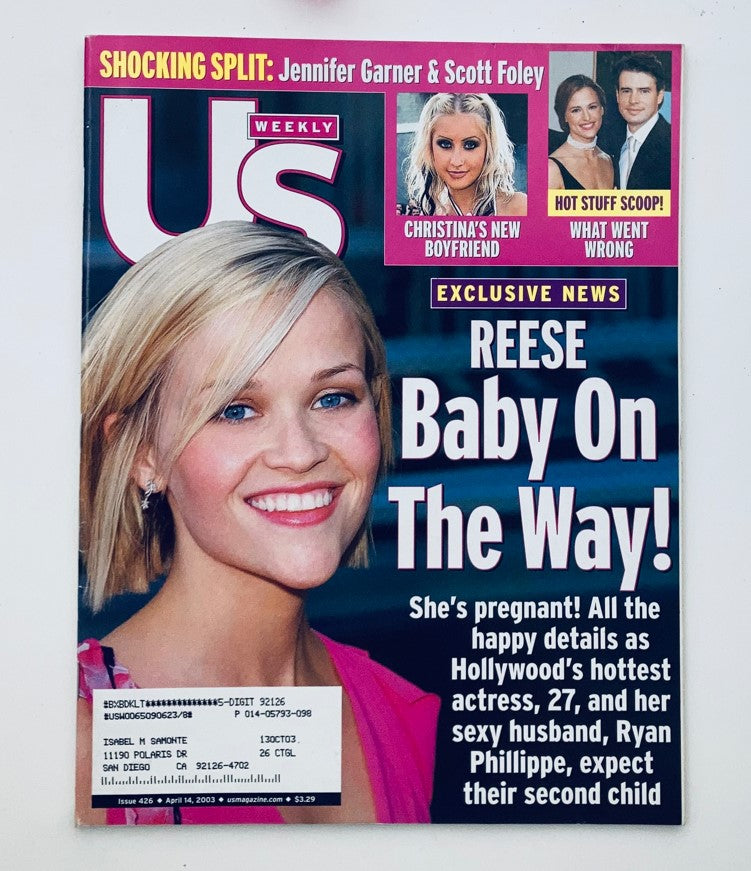 Us Weekly Magazine April 14, 2003, Issue 426 featuring Reese Witherspoon on the cover announcing her pregnancy with Ryan Phillippe.