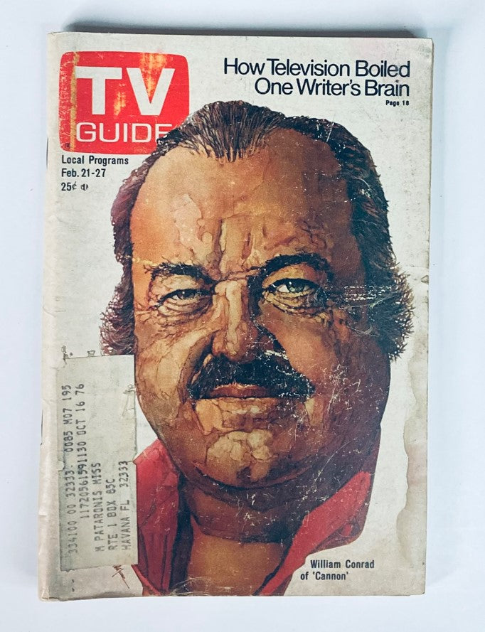 Cover of TV Guide Magazine February 21 1976 Issue #1195 featuring William Conrad, showcasing an illustration of his face and the title 'How Television Boiled One Writer's Brain'.