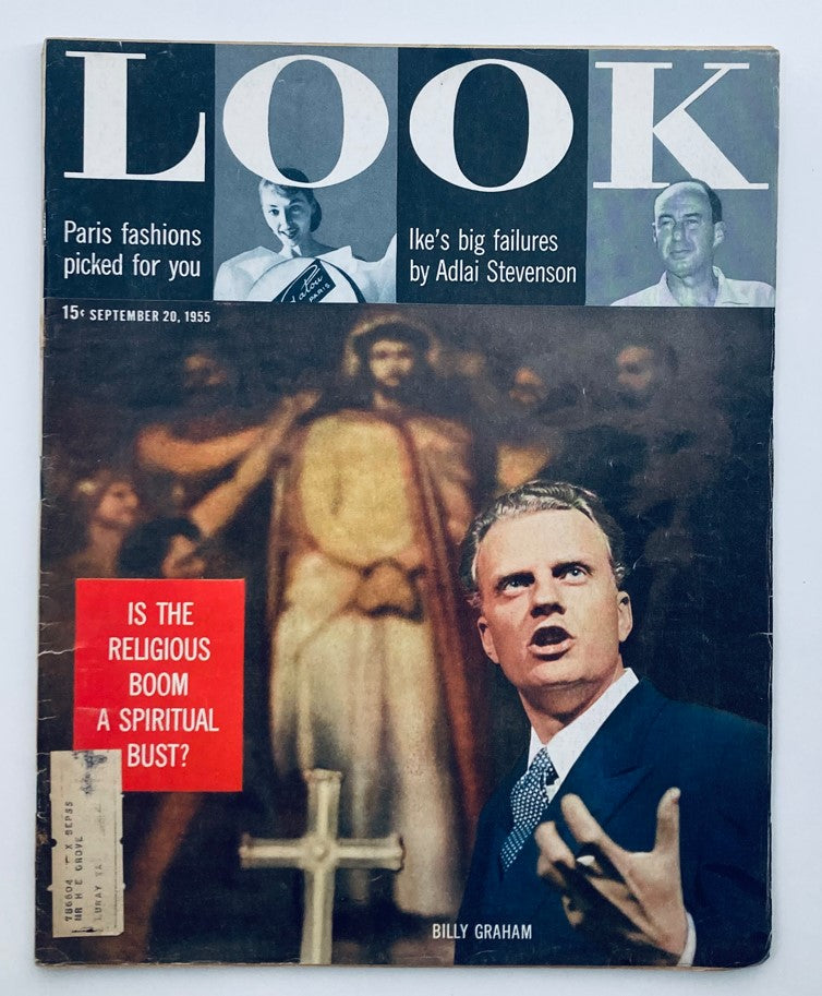 Vintage Look Magazine cover from September 20, 1955, featuring Billy Graham, the American Evangelist, with the headline 'Is the Religious Boom a Spiritual Bust?' and various articles including Paris fashions and political commentary.