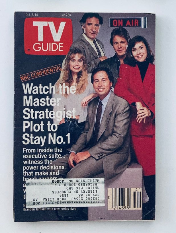 TV Guide Magazine cover from October 8, 1988 featuring Brandon Tartikoff and Gary Cole. The cover includes the headline 'Watch the Master Strategist Plot to Stay No.1', showcasing a group of five individuals associated with TV industry insights.