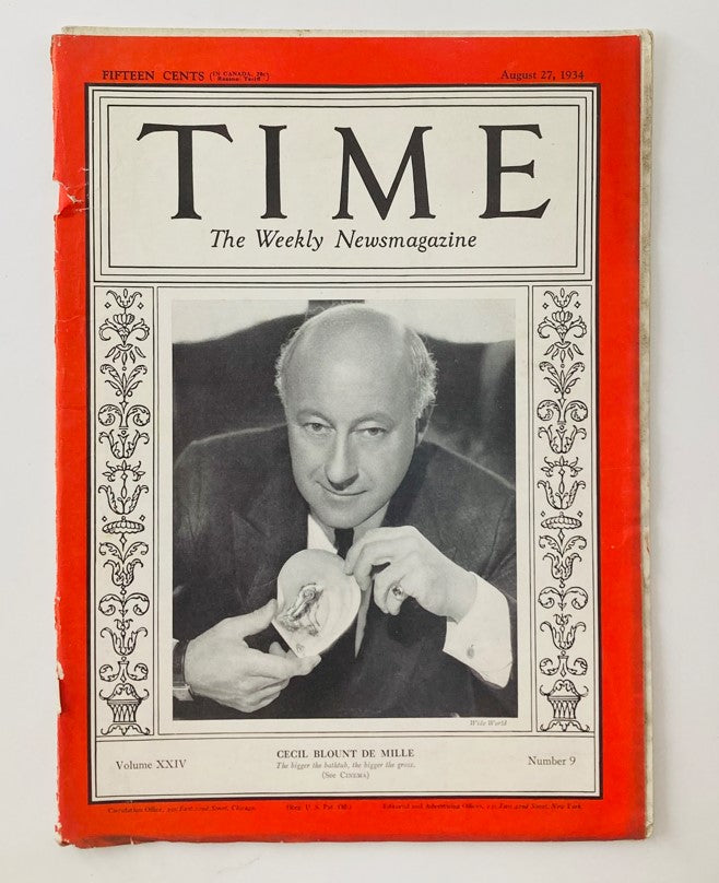 Vintage Time Magazine August 27 1934 cover featuring Cecil Blount De Mille, showcasing his portrait and highlighting the issue's historical significance.