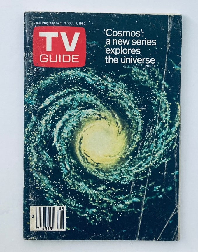 Cover of TV Guide Magazine from September 27, 1980 featuring the title 'Cosmos': a new series explores the universe, showcasing a colorful spiral galaxy with the TV Guide logo.