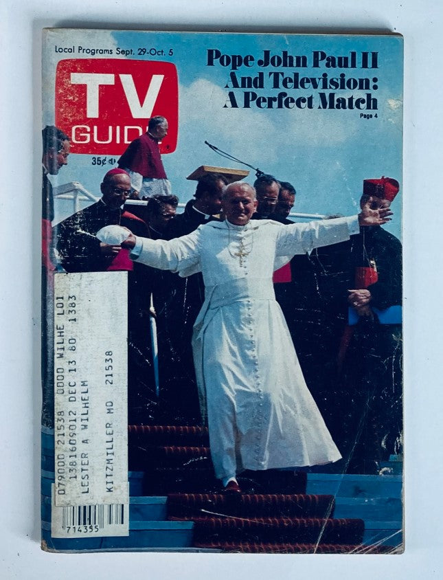 Cover of TV Guide Magazine from September 29, 1979, featuring Pope John Paul II with the headline 'Pope John Paul II And Television: A Perfect Match' showcasing a historical moment in entertainment and culture.