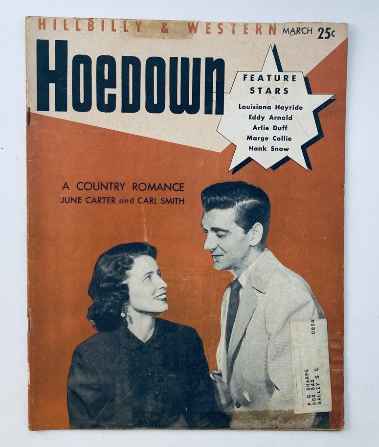 VTG Hoedown Magazine March 1954 Vol 1 No. 7 featuring June Carter and Carl Smith on the cover, highlighting country music stars and culture.