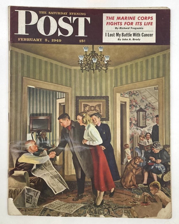 Cover of the Saturday Evening Post Magazine from February 5, 1949, featuring a vibrant scene by John Falter depicting a family gathering in a living room, showcasing post-war American life.
