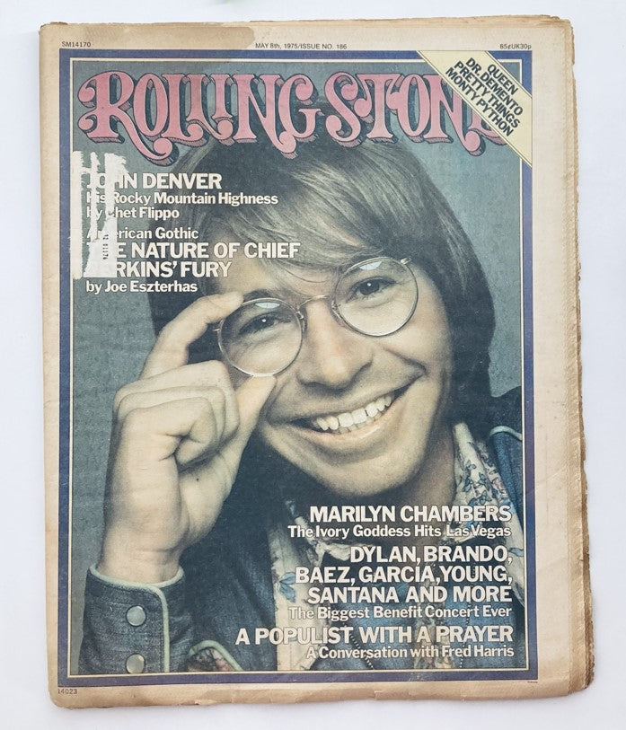 VTG Rolling Stone Magazine May 8 1975 Issue 186 featuring John Denver on the cover, showcasing his smiling face and iconic style, representing 1970s music culture.