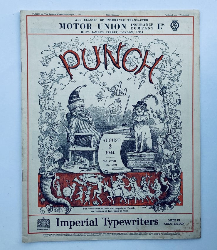 Cover of Punch Magazine August 2, 1944, Volume 207, Number 5401 featuring illustrated characters and humorous elements reflecting WWII-era satire.