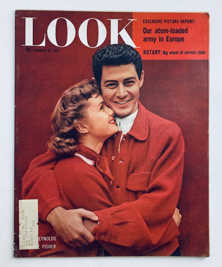 Look Magazine cover featuring Debbie Reynolds and Eddie Fisher, dated February 22, 1955, Volume 19, Number 4. A classic vintage magazine showcasing the glamour of Hollywood's iconic couple.