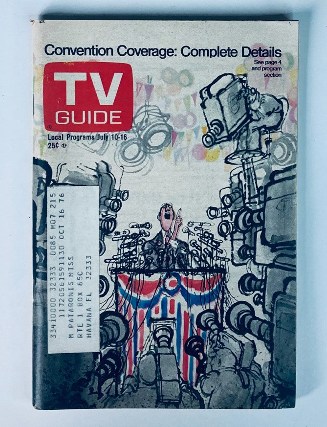 TV Guide Magazine July 10 1976 cover featuring convention coverage, with a cartoon illustration of a speaker at a podium surrounded by cameras and microphones.