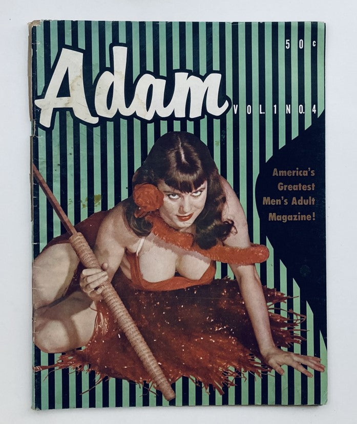 Cover of Adam Magazine February 1957, Volume 1, Number 4, featuring an artistic portrayal of a woman in a provocative pose, highlighting the theme "Naughty Nudes of Gay Paree" with bold green stripes and text identifying it as America’s Greatest Men’s Adult Magazine.