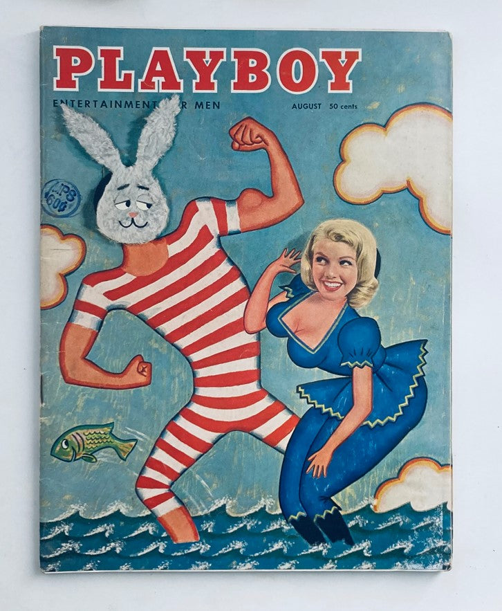 VTG Playboy Magazine August 1957 cover featuring an artistic illustration with a figure in striped outfit and a smiling woman, capturing the playful essence of the era.