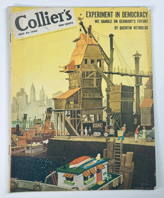 Cover of VTG Collier's Magazine May 25, 1946 featuring the headline 'Experiment in Democracy' with an illustration depicting docks and industry.