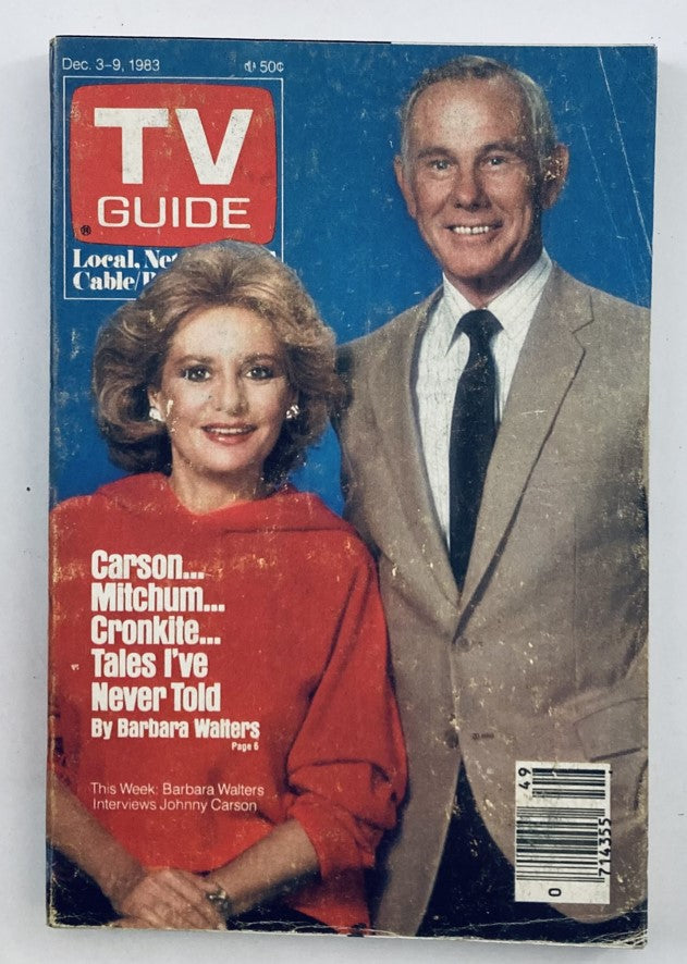 TV Guide Magazine from December 3, 1983 featuring Barbara Walters and Johnny Carson on the cover. The magazine discusses interviews and television specials, highlighting Barbara Walters' segment with Johnny Carson.