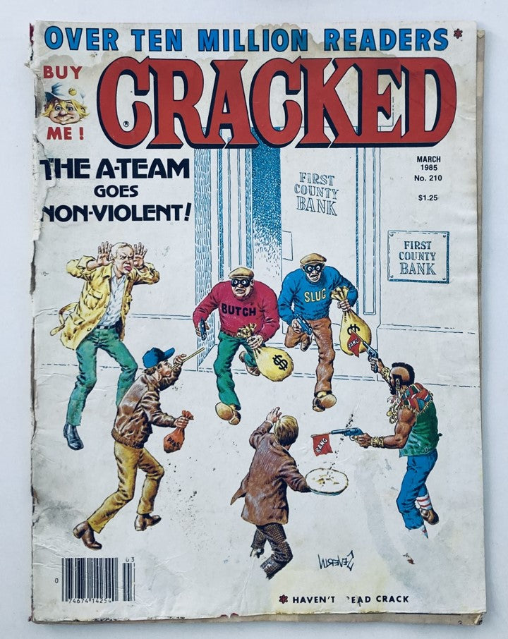 Cover of VTG Cracked Magazine March 1985 No. 210 featuring The A-Team, showcasing humorous illustrations and vibrant colors related to 1980s pop culture.