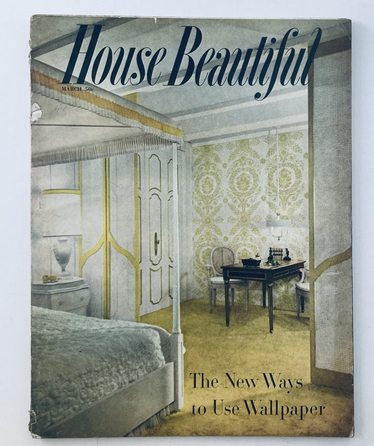 Cover of House Beautiful Magazine March 1958 featuring an editorial on the Oriental look in modern wallpaper design, showcasing a stylish interior with elegant wallpaper patterns.