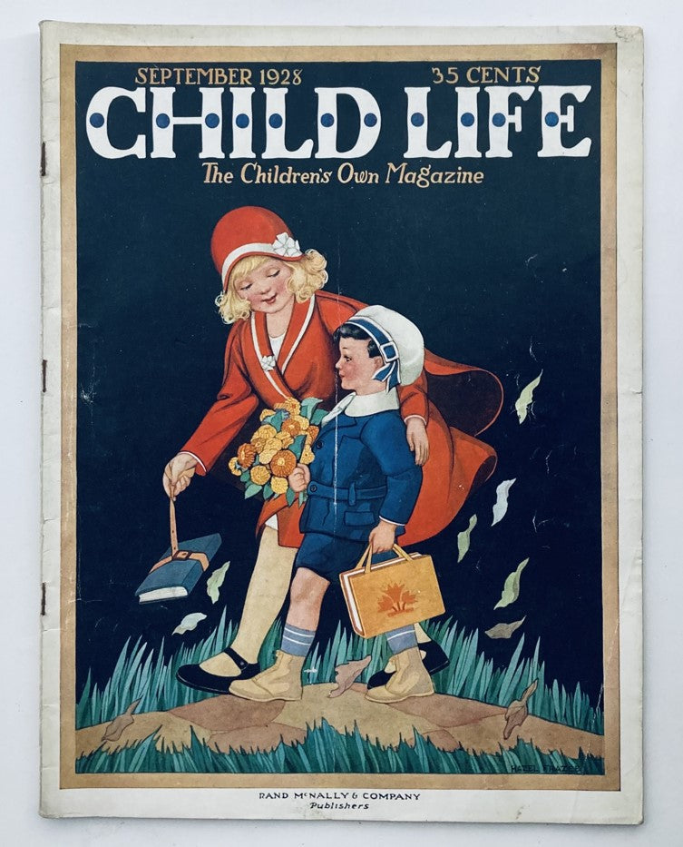 Cover of VTG Child Life Magazine September 1928 Volume 7 Number 9 The Jolly Rovers featuring children dressed in vintage attire, exploring themes of childhood adventure.