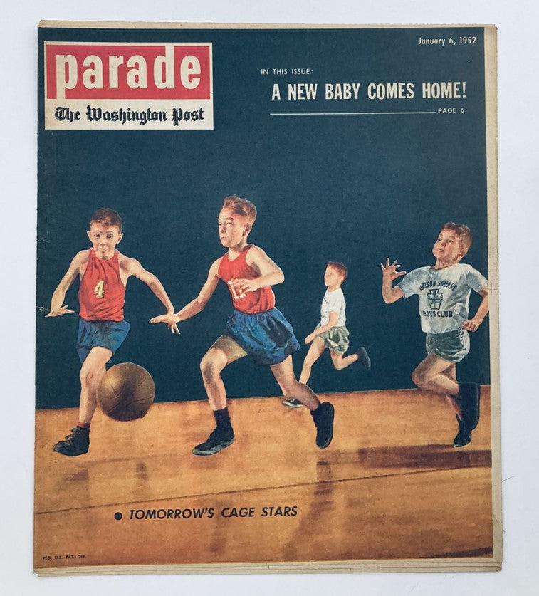 Cover of Parade Newspaper Magazine from the Washington Post, January 6, 1952, featuring children playing basketball under the theme 'Tomorrow's Cage Stars'.