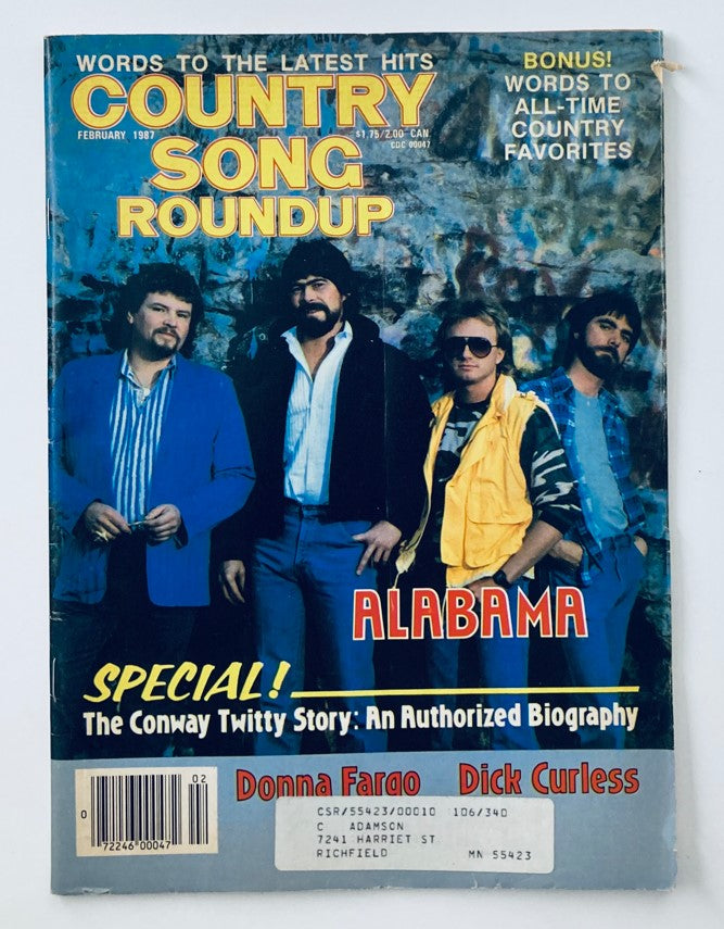 VTG Country Song Roundup Magazine February 1987 featuring Alabama on the cover, highlighting the Conway Twitty story and showcasing country music history.