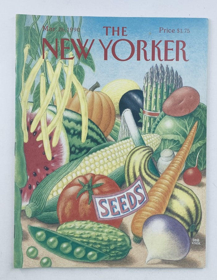 Cover of The New Yorker magazine from March 26, 1990 featuring 'Veggie Seeds' illustration by Bob Knox, showcasing a vibrant array of vegetables.