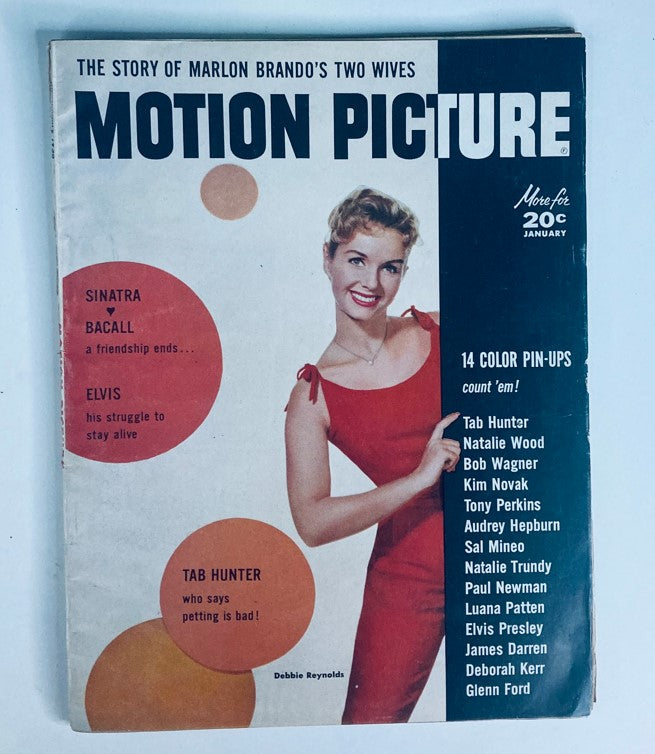 Cover of VTG Motion Picture Magazine, January 1958, featuring Debbie Reynolds in a red dress with headlines about various celebrities.