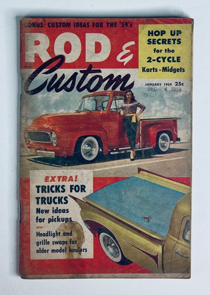 Cover of VTG Rod & Custom Magazine January 1959 featuring classic trucks and a woman; highlights include custom car design and automotive culture.