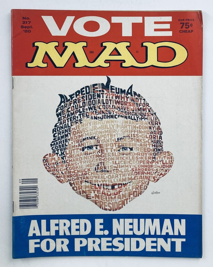 Mad Magazine September 1980 No. 217 cover featuring Alfred E. Neuman for President with colorful graphics and satirical text.