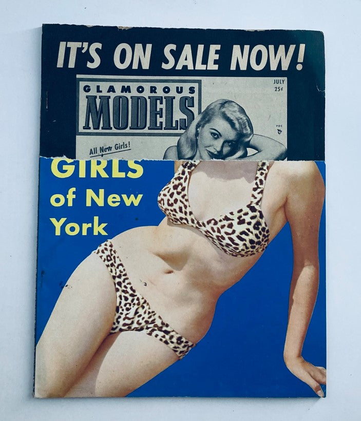 Cover image of VTG Cover Girls Models Magazine August 1954 featuring a model in a leopard print bikini against a blue background alongside the magazine title 'Glamorous Models' and promotional text.