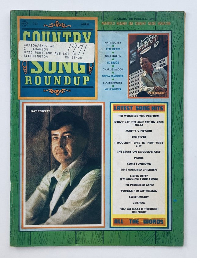 Vintage Country Song Roundup Magazine from April 1971 featuring Nat Stuckey and Pete Drake, showcasing a vibrant cover with country music highlights.