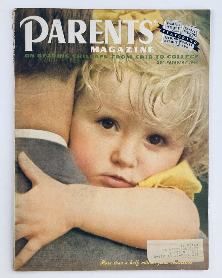 Cover of VTG Parents' Magazine February 1940 Vol 15 No. 2 Learning Via Dramatics, featuring a child with curly hair hugging an adult, highlighting parenting themes and educational insights.