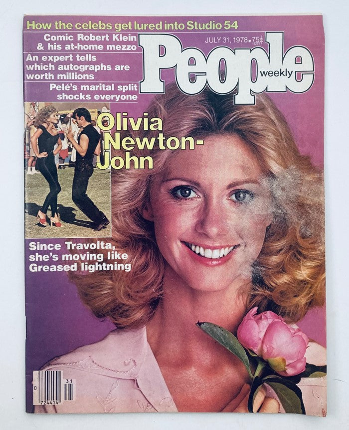 People Weekly Magazine cover featuring Olivia Newton-John from July 31, 1978. This vintage magazine showcases the blonde superstar smiling brightly, holding a flower, reflecting the glamor of pop culture during that era.