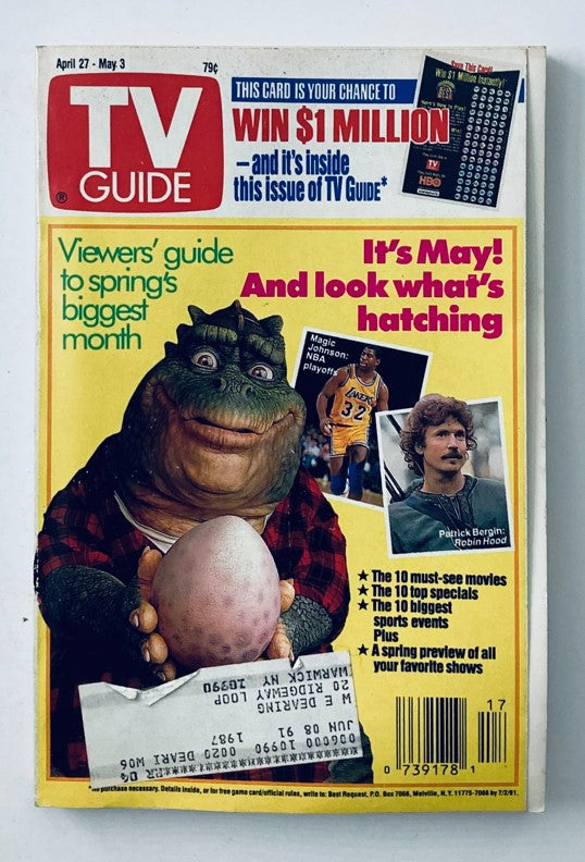 Cover of TV Guide Magazine dated April 27, 1991 featuring Patrick Bergin, Magic Johnson, and a fictional character in a colorful layout, showcasing the magazine's retrospective on spring's television programming.